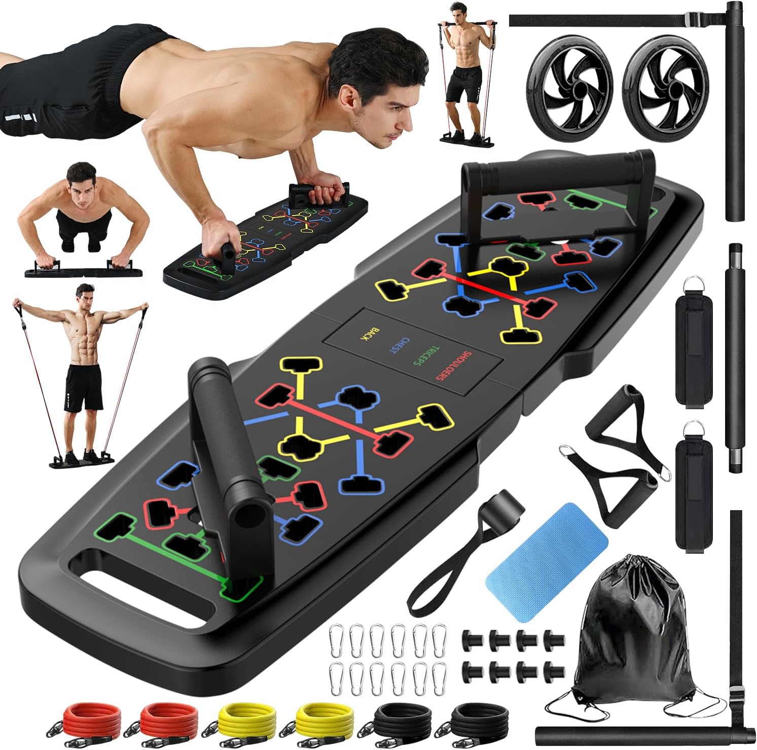 Push up Board,Home Gym,Portable Exercise Equipment,Pilates Bar & 20 Fitness Accessories with Resistance Bands & Ab Roller Wheel,Full Body Workout at Home.